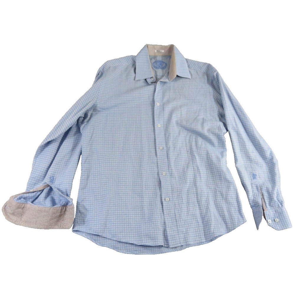 Bugatchi Men Large Blue Gingham Check Shaped Fit Long Sleeve Button Up Shirt